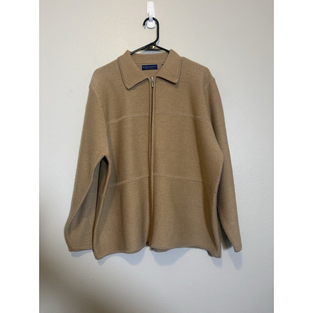 Karen Scott 100% Wool Full Zip Jacket Tan 2X Cottagecore Grandmacore Minimalist